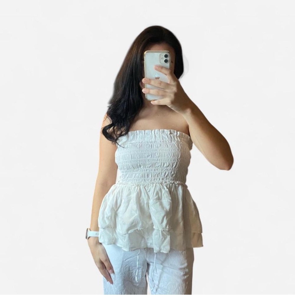 Madewell Cream Strapless Smocked Blouse